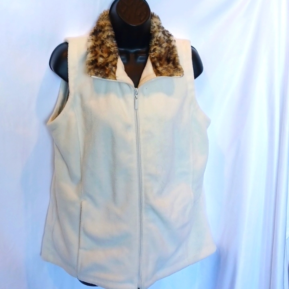 LAURA SCOTT Soft Shell Fleece & Faux Fur collar Vest, Full Zip, Sleeveless
